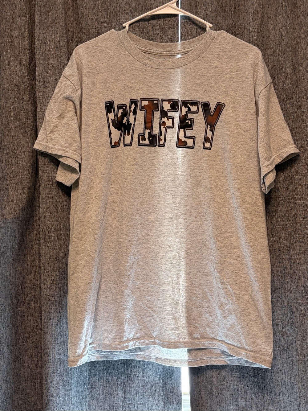 Wifey Graphic Tee - Light Gray with Brown/Black Camouflage Letters